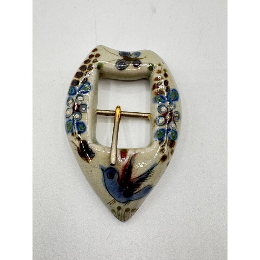 Vintage Ken Edwards Tonala Pottery Bird Butterflies and Flowers Belt Buckle Sing